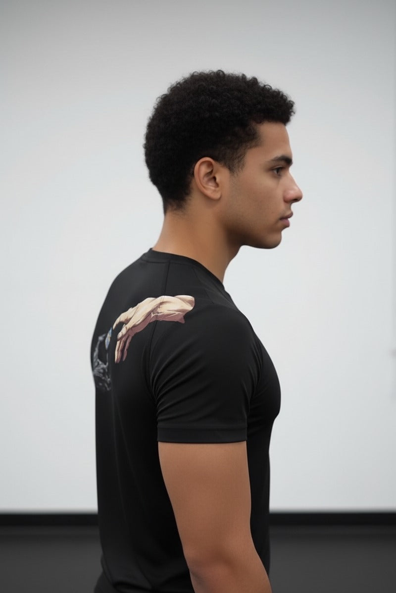 Fitted Black Muscle Gym T-Shirt – Iconic Creation Print Workout Tee